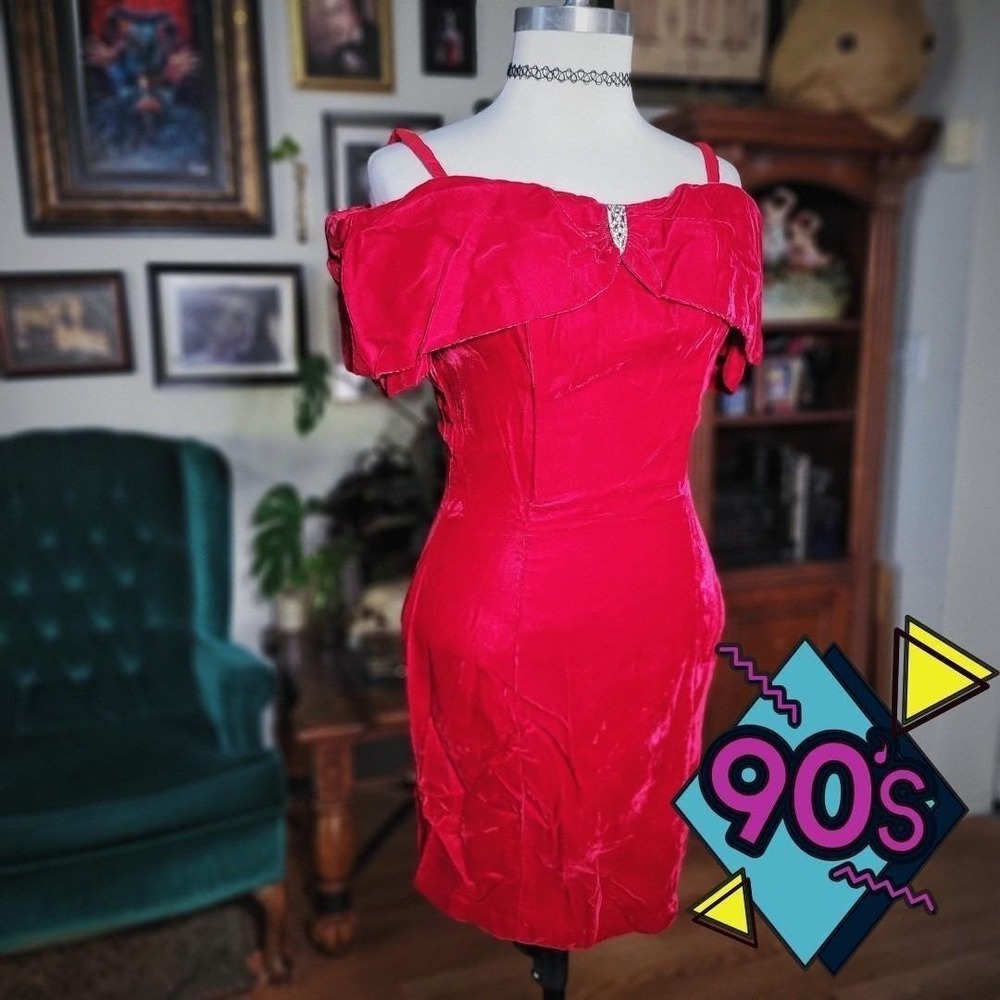 Vintage 90s Rampage Red Off Shoulder Velvet Party Dress Size 5